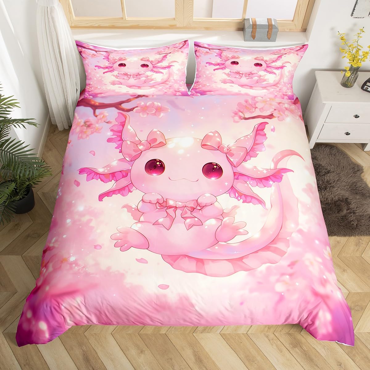 Homewish Cute Axolotl Kids Duvet Cover Single,Kawaii Salamander Painting Bedding Set For Boys Girls Bedroom Decor Pink Cherry Blossoms Comforter Cover Ocean Sealife Quilt Cover