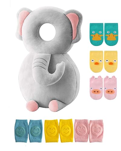 Miniatura 1 de JunNeng Almohadilla protectora de cabeza de bebé para niños pequeños, cojín de seguridad con rodilleras y calcetines antideslizantes (elefante), 6