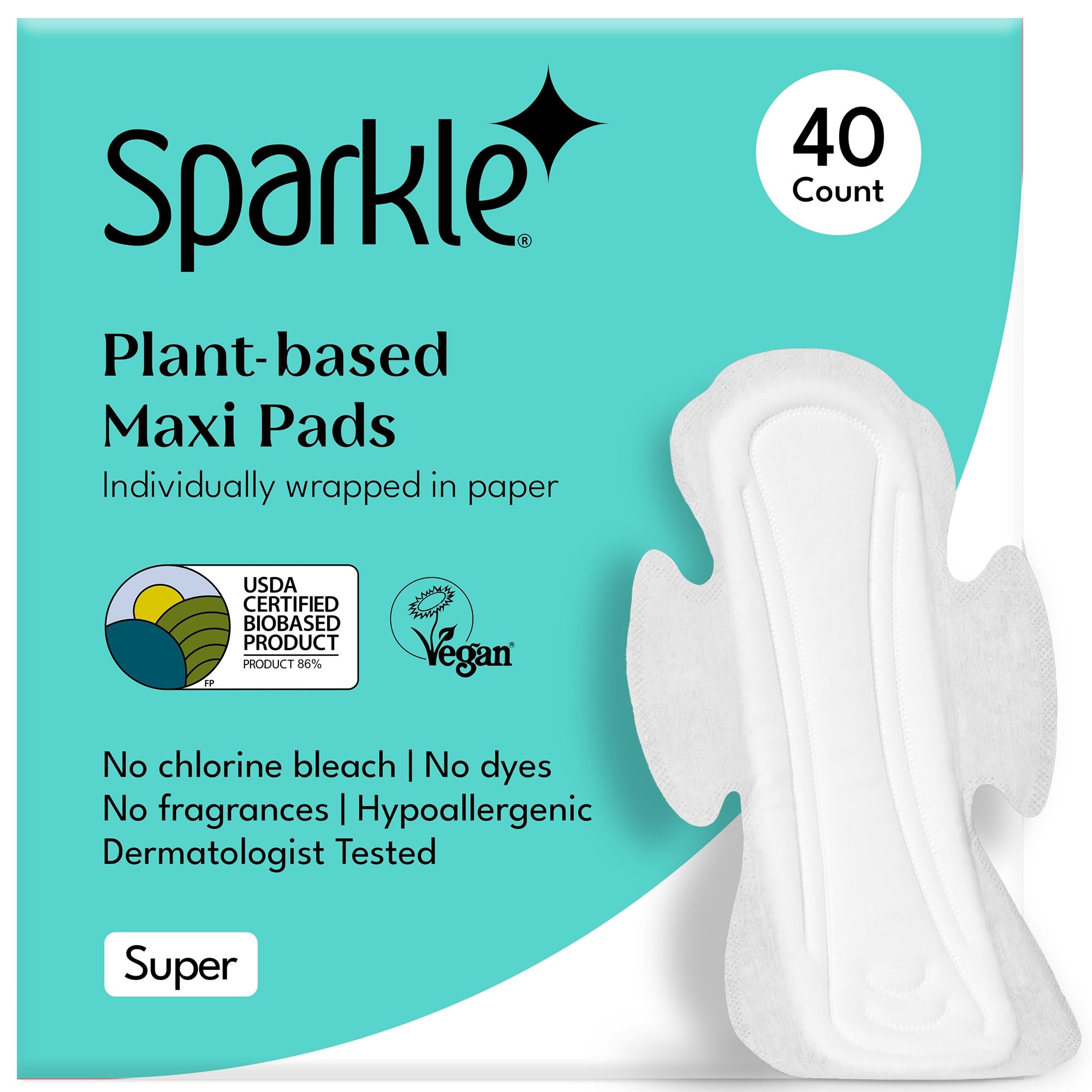 Sparkle Maxi-Pads auf Pflanzenbasis, speziell für empfindliche Haut, Damenhygiene-Servietten für Damen, super weich und auslaufsicher, mit Flügeln, USDA-zertifiziert, Super, 40 Stück