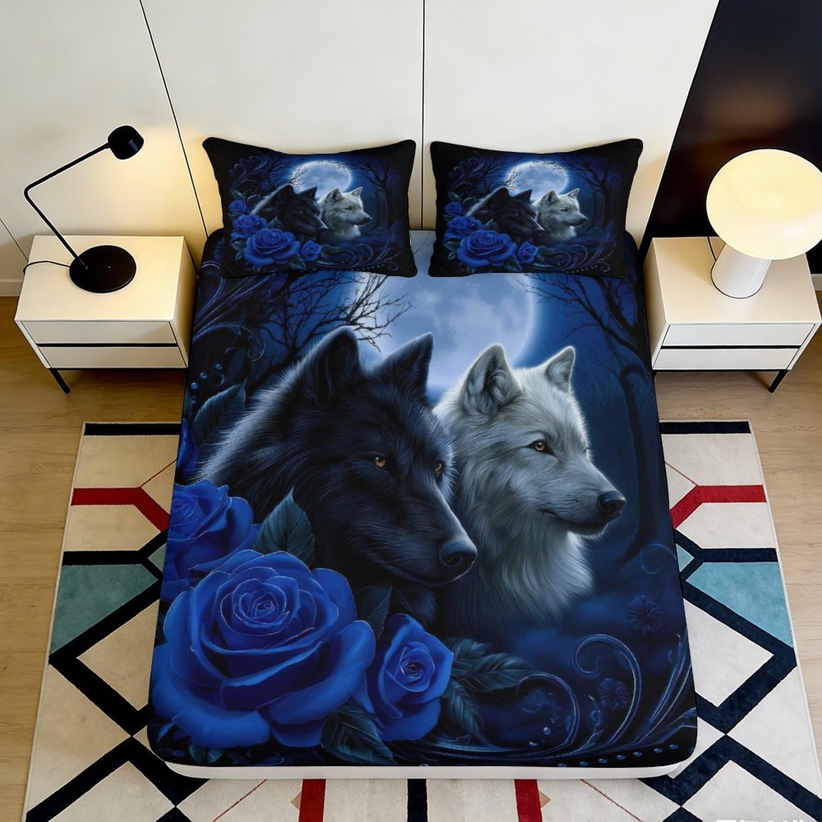 Pnayamiorkfel Style-4 3D Printed Wolf Moon Fitted Sheet Microfiber Blue Rose Mattress Cover For Bedroom Guest Room Easy Care Decor 90X200x25cm