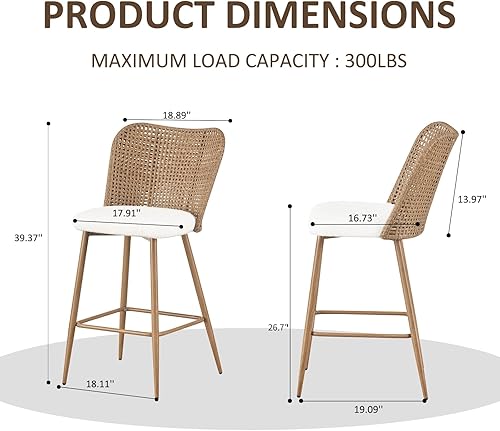 Miniatura 2 de Juego de 2 taburetes de bar de ratán, taburetes de mimbre de altura de mostrador, taburetes de bar de ratán de polietileno con patas de metal, juego