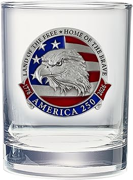 Americas 250th Anniversary Eagle Head with Flag Double Old Fashion | Double Rocks Glass 14 OZ for Liquor | Expertly Crafted Pewter Glass
