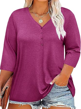 ZDC Womens Plus Size Tops 3/4 Sleeve V Neck T Shirts Button Down Basic Tunic