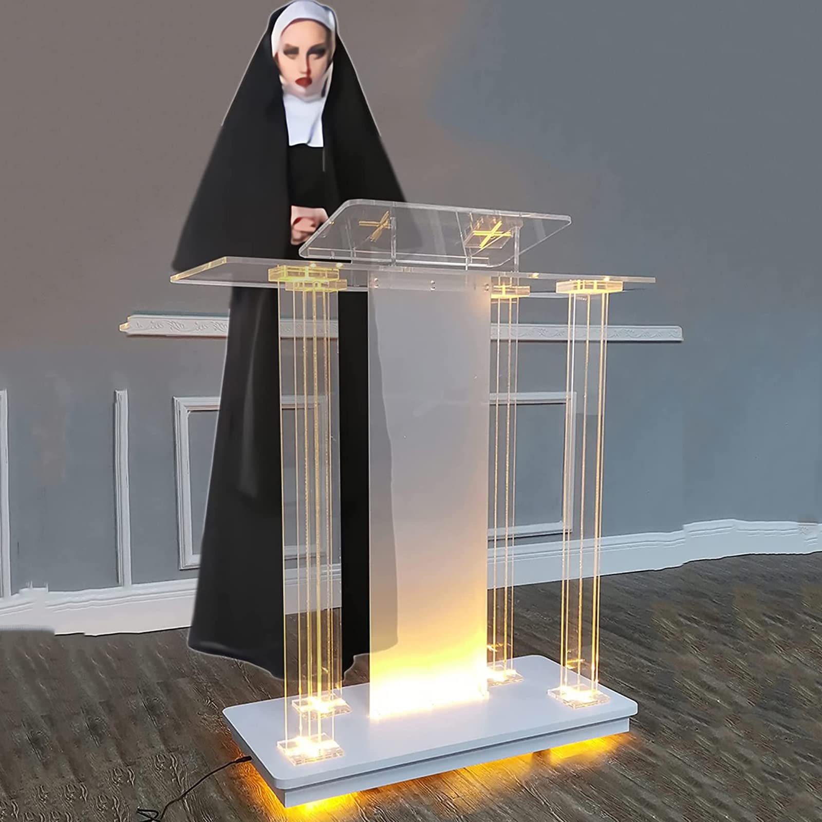 Clear Pulpits for Churches, Podium Stand Acrylic Rolling Podium, Plexiglass Church Pulpit with LED Light, Transparent Professional Lectern with Wide Reading Surface for Conference Room,B