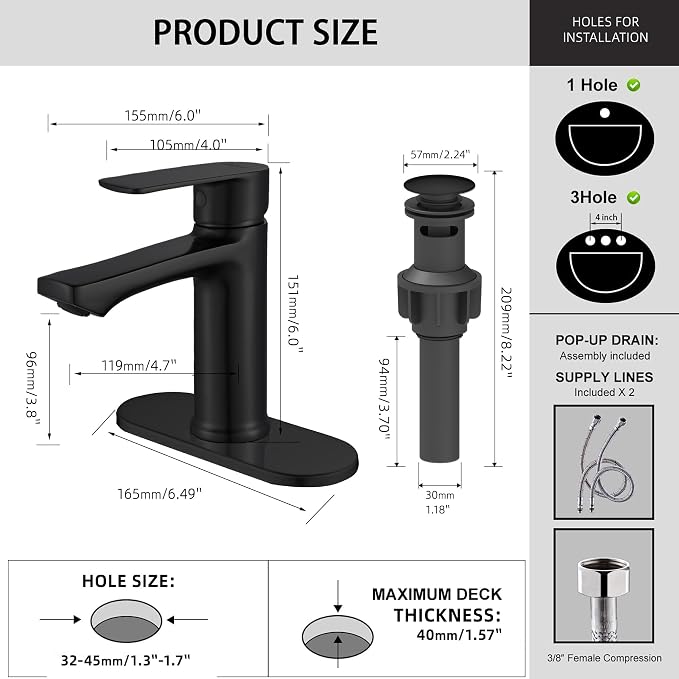 Grifería de baño monocomando 1 agujero negro mate miniatura 2