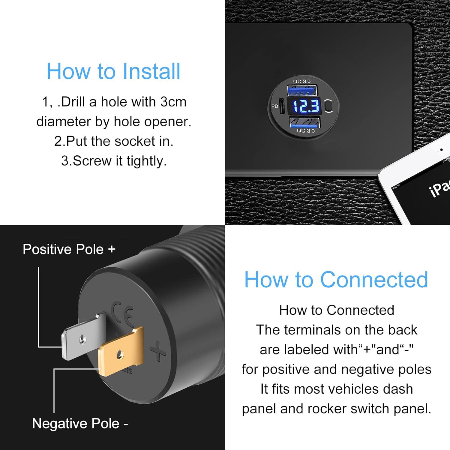 Presa per caricabatterie USB a tre porte 12/24V USB-C PD e doppia QC 3.0 per auto moto con voltmetro e caricabatteria per auto con interruttore di alimentazione  34