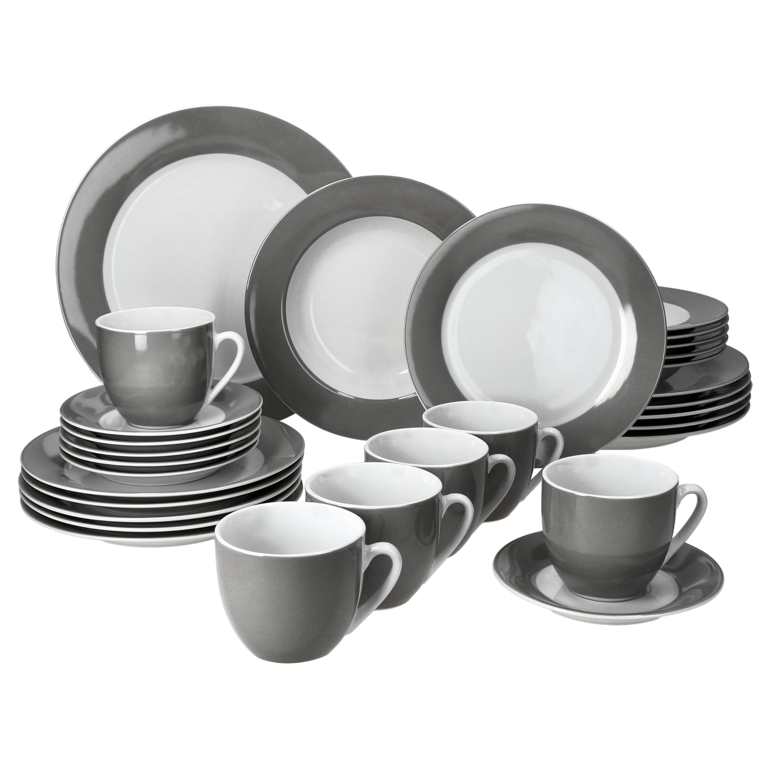 MamboCat Service combiné Variant Gris 30 pièces I Service de table en porcelaine avec bord gris pour 6 personnes I 6 tasses à café de 200 ml, 6 soucoupes, assiettes à gâteau, assiettes creuses et