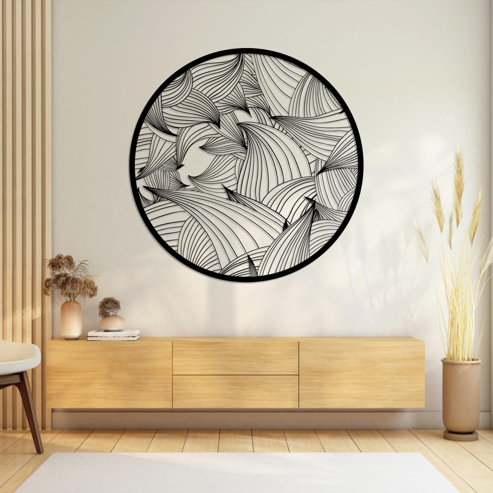 Metalowa, czarna, minimalistyczna, falowana dekoracja ścienna, metalowa, geometryczna dekoracja ścienna w stylu boho, nowoczesna rzeźba z falą do salonu, sypialni i przedpokoju (czarna, dł.