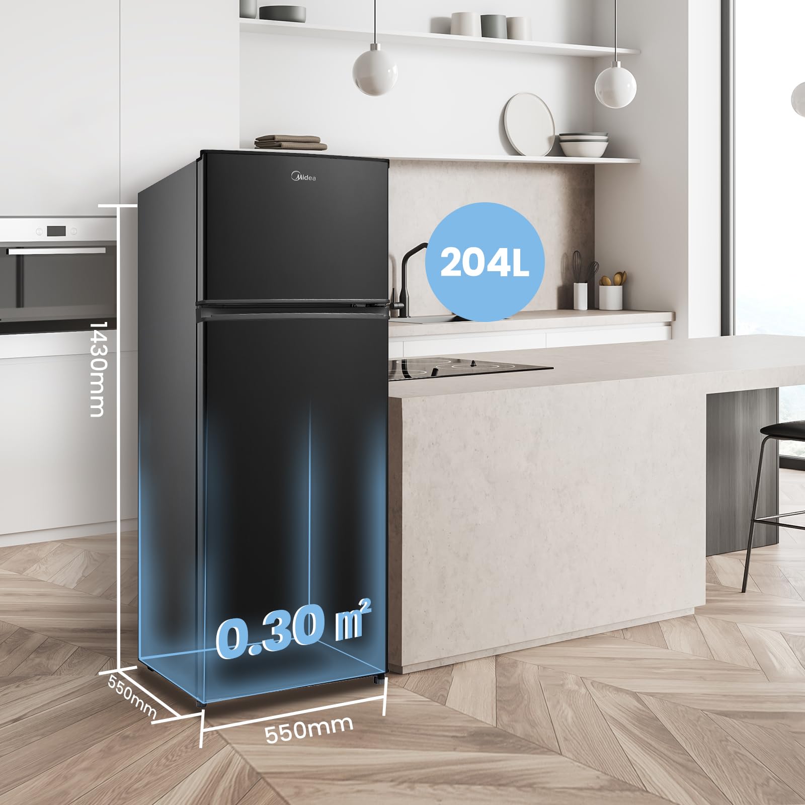 Midea MERT210FGE30 Frigo-congelatori doppia porta 204 L, Congelatore da Montare in Alto, 176kWh/annum, controllo della temperatura regolabile, Luce LED, Nero