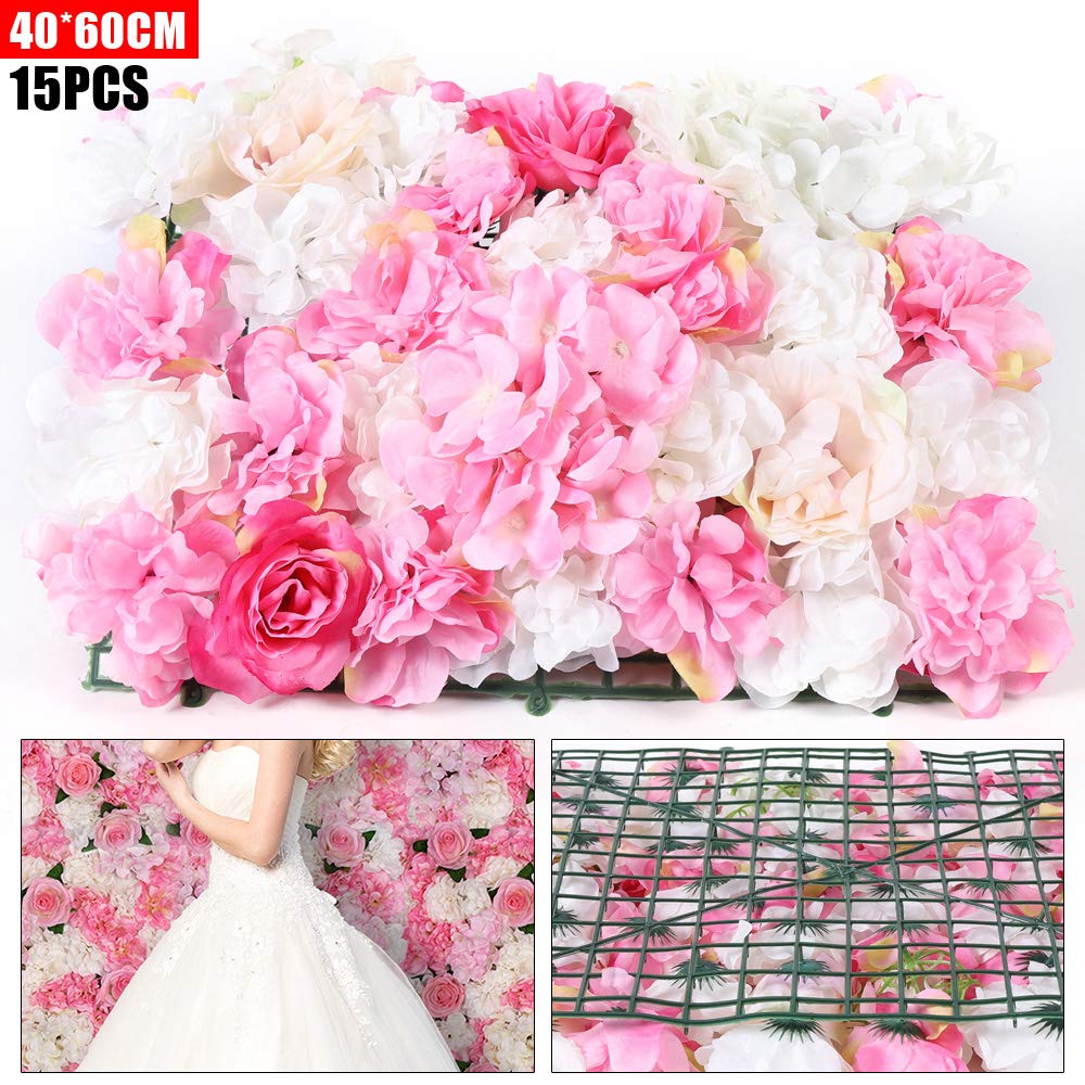 15 Stück Künstliche Blumenwand 60x40cm Rosenwand Seidenblumen Garten Balkon Straße Hochzeit Hintergrund Dekoration Kunstblumen DIY Hochzeit Straße Hintergrund Künstlicheblumenwand Rosa