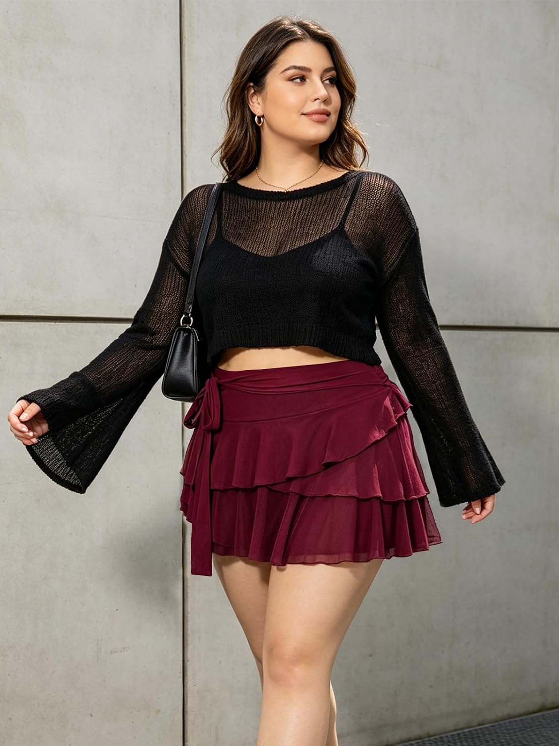 Moon Wood Plus Size Ruffle Mini Skirt for Women Mesh Layered High Waist Flowy Skort Y2K Skirts for Party Club Summer
