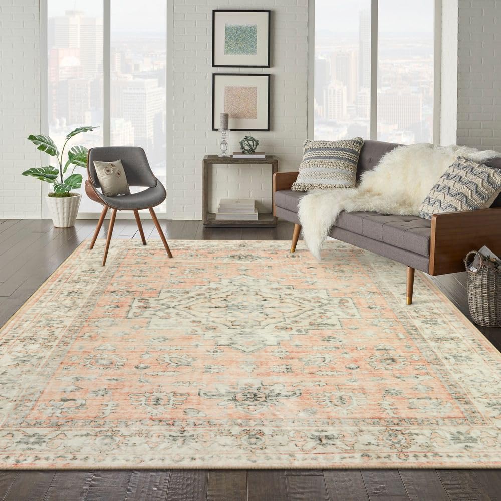 LIVEBOX Washable Area Rug 8x10 - Large Bohemian Living Room Rug Oriental Rug for Bedroom, Non-Slip Retro Medallion Carpet Print Distressed Rug for Dining Room Guest Room Office, Deep Peach