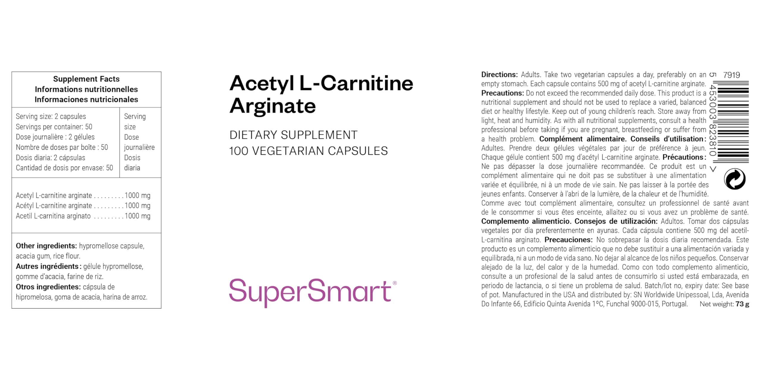 Acetyl L-Carnitin Arginat - Unterstützt die zelluläre Energieproduktion - Bietet Neuroprotektion - Fördert die Fettverbrennung - Dient als Energieschub - Supersmart.
