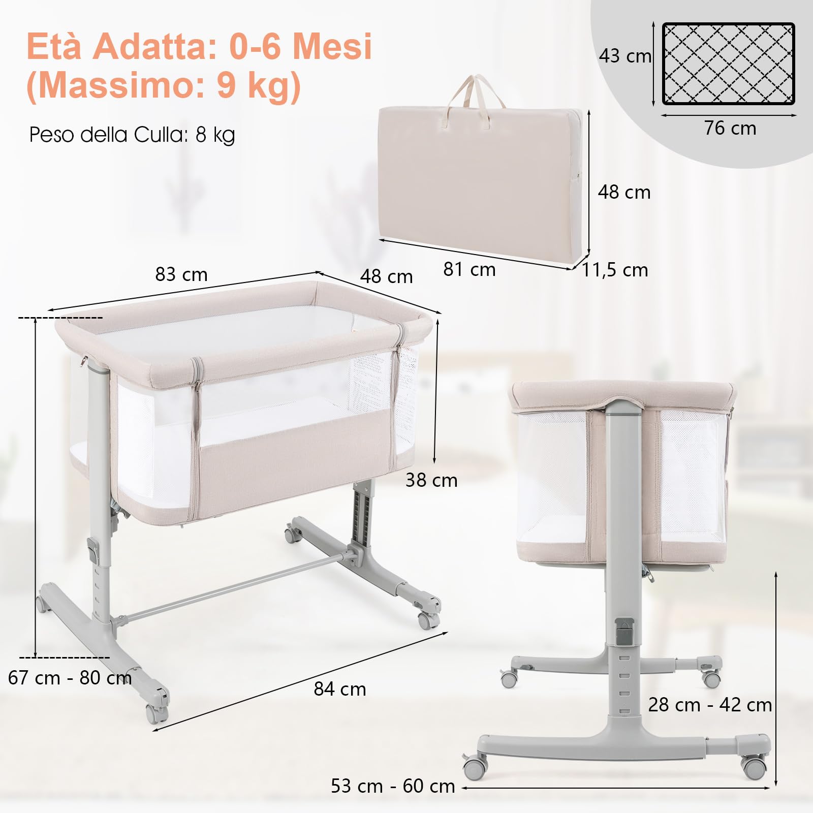 RELAX4LIFE 3 en 1 Cuna Colecho con Altura Ajustable en 5 Posiciones, 4 Ruedas Bloqueable y Ajustable, Cuna Bebe con Colchón Acolchado y Correa de Sujeción para Niños 0-6 Meses, Carga 9kg (Beige)