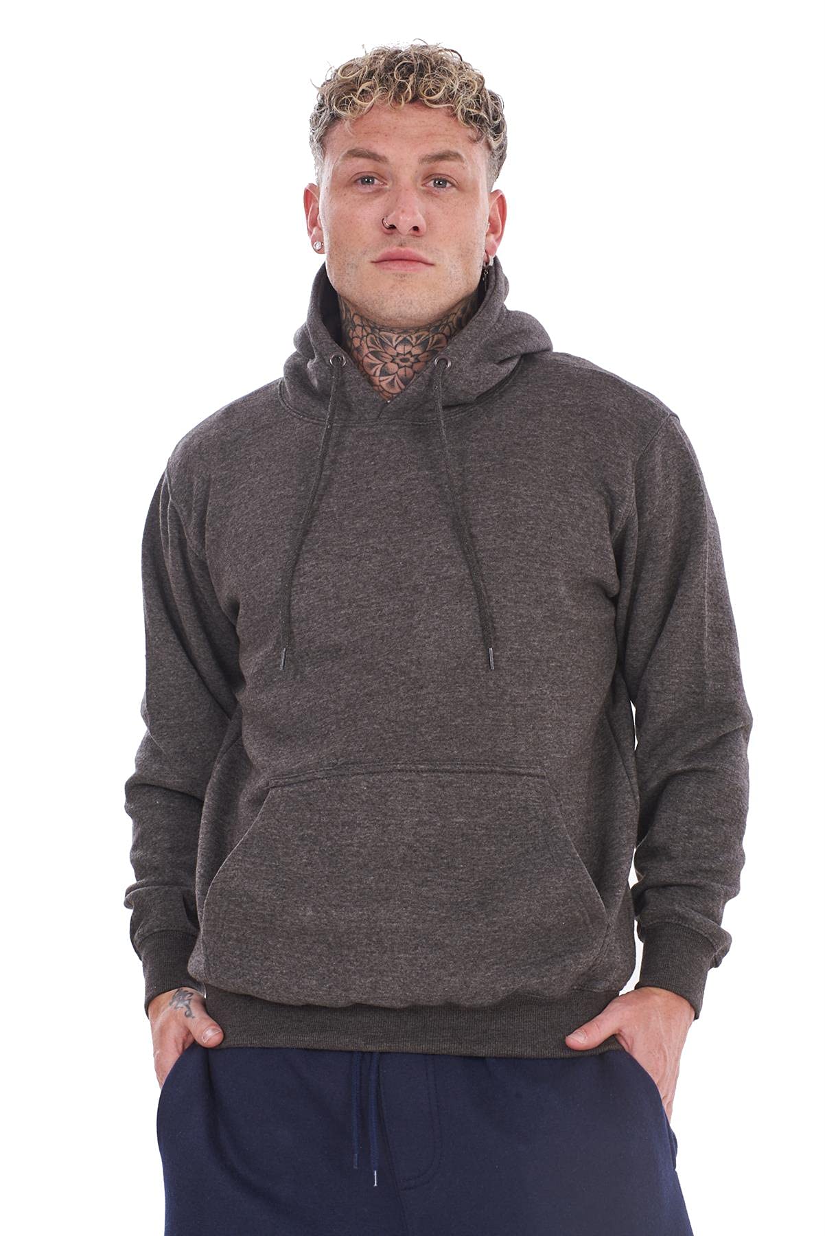 Malay Men's Charcoal Plain Fleece Hooded Tops Pullover Sweats Jumpers Cotton Blend Activewear