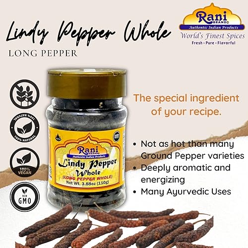 Miniatura 5 de Rani Lindy Pepper entera (pimienta larga, Piper Longum, Pipli) tarro de PET de 3.88 oz (110 g)  Todo natural  Apto para gluten  Sin OMG  Vegano