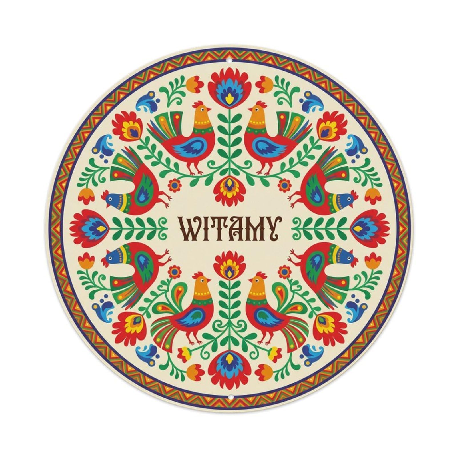 Fyrn Style Metal Tin Sign Vintage Polish Folk Art Witamy Welcome Bird Wreath