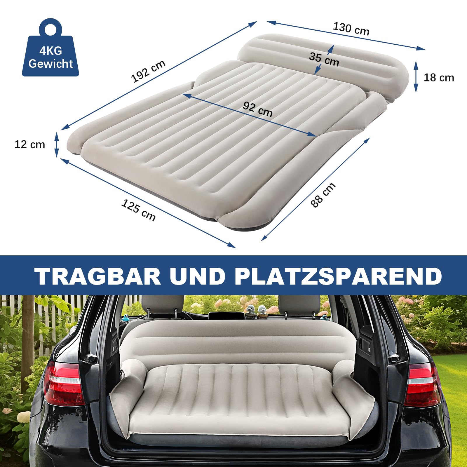 KMZ SUV Luftmatratze Dickere Doppelseitige Beflockung Camping Matratze – Tragbares Bewegliche Schlaf-Auto-Bett – Bequeme Aufblasbare Reisen Luftbett mit Elektrische Luftpumpe und 2 Kissen
