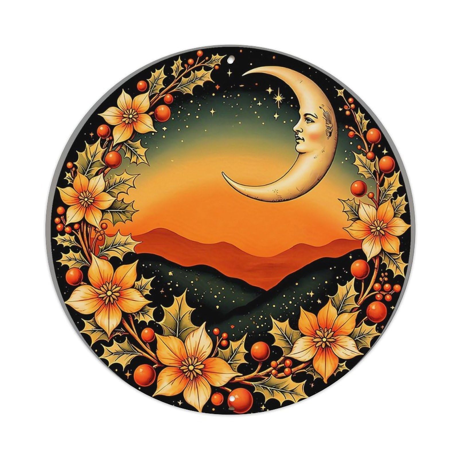 Moonlight Floral Wreath Landscape Night Tin Sign Metal Poster Vintage Metal Signs for Home Man Cave Bar Cafe Kitchen laundry room Wall Decorations Gift 8x8Inch