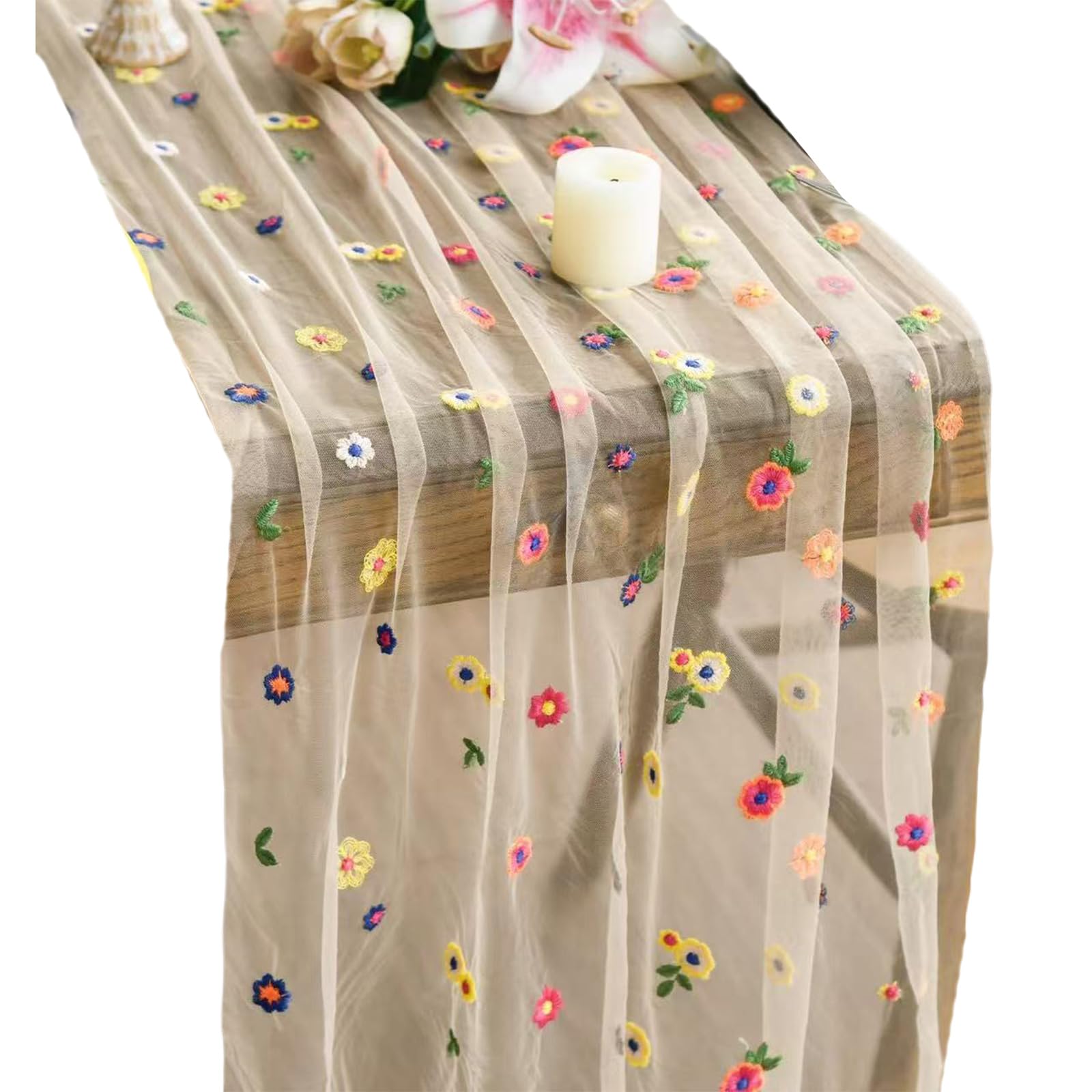 Tsophreniq Embroidered Table Runner Colorful Lace Designs Sturdy Polyester Materials Dining Table Cover Colorful Lace Runner