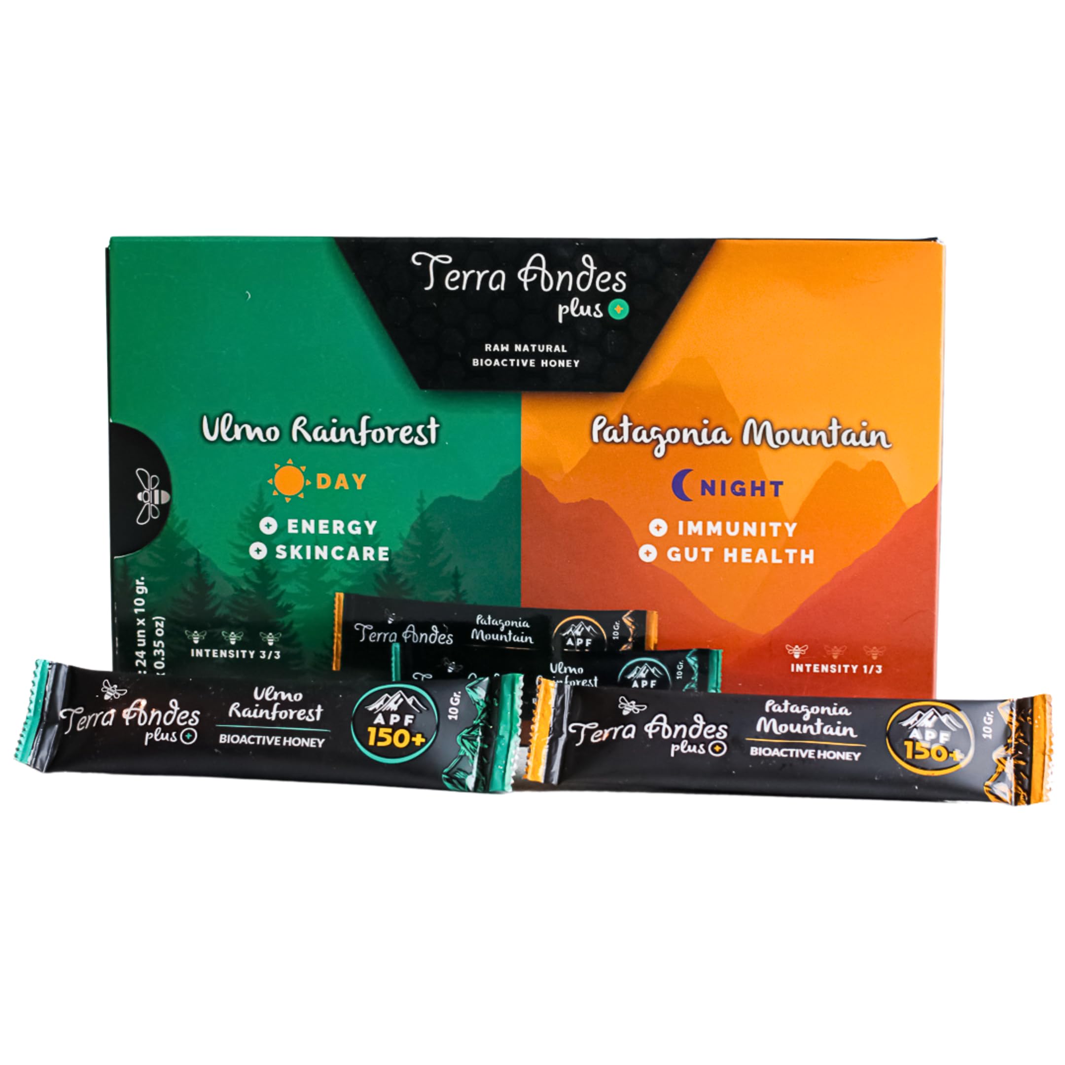 Organic Raw Honey Sachets 24 units by Terra Andes Plus - Ideal for Travel, Sports, Superfood Snacks and On-the-Go Daily Wellness - Ulmo Rainforest /