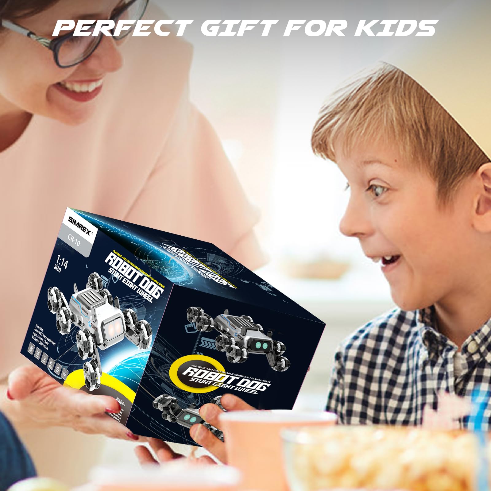 SIMREX Remote Control Robot Dog Toys for Kids 6+, Stunt RC Cars with LED Eyes & Gesture Control, 6+ Years Old Boys Girls Birthday Gift, Interactive Robot Toy with Mecanum Wheels & 3 Sounds, Sliver