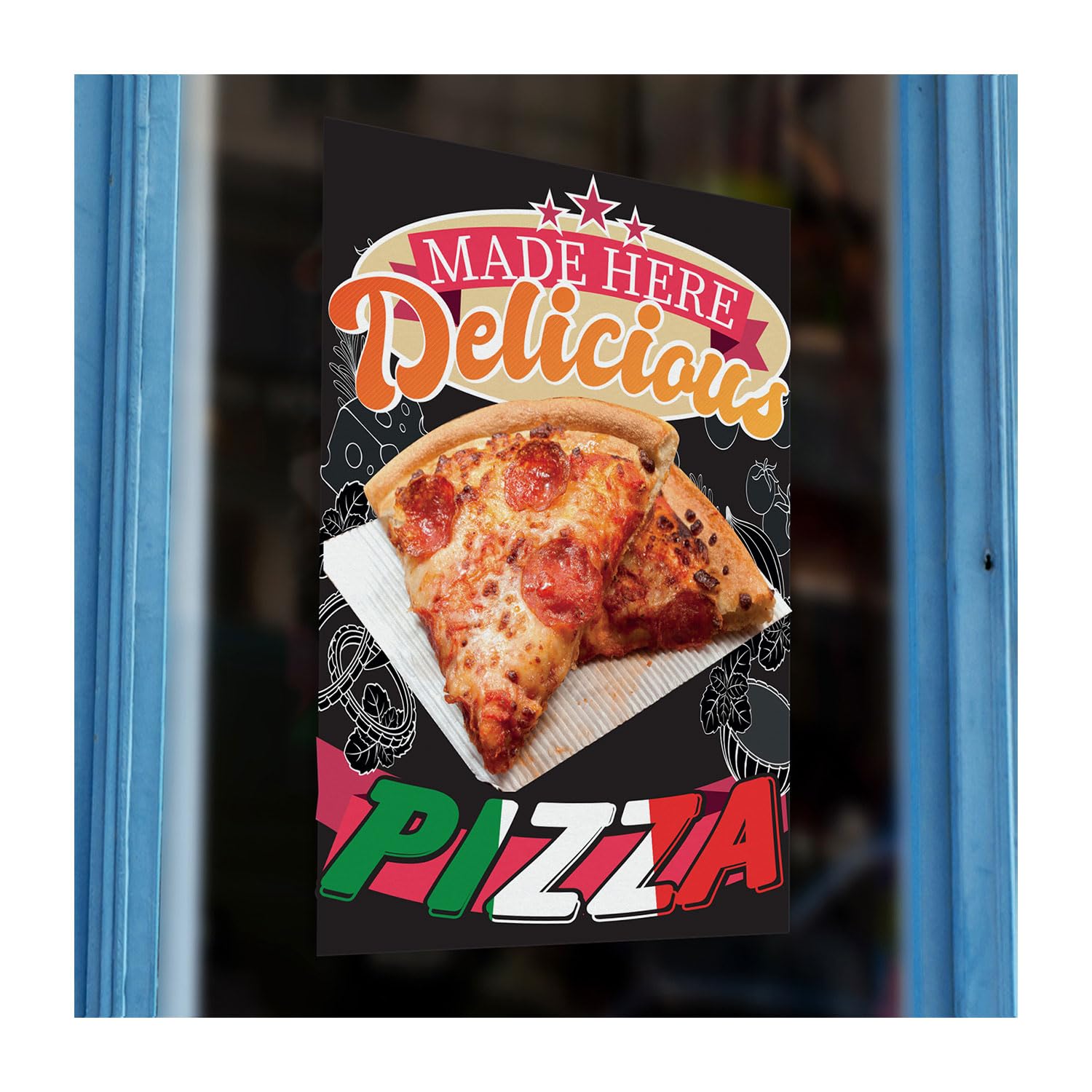 Delicious Pizza Sold Here Printed Vinyl Wall Window Sign Cafe Kiosk Self Adhesive high quailty Takeaway Restaurant Sticker Food