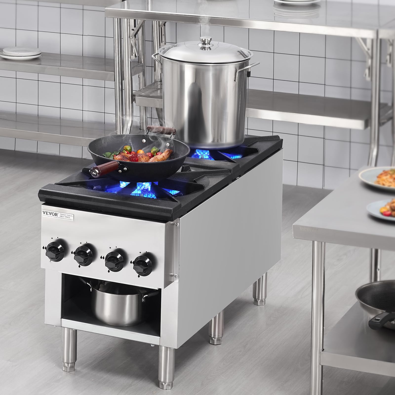 VEVOR Cuisinière à Gaz Commerciale 2 Brûleurs, Plaque de Cuisson de Comptoir au Propane et au Gaz Naturel, 52 kW, en Acier Inoxydable, avec Armoire, Équipement de Cuisson Commercial pour Restaurant