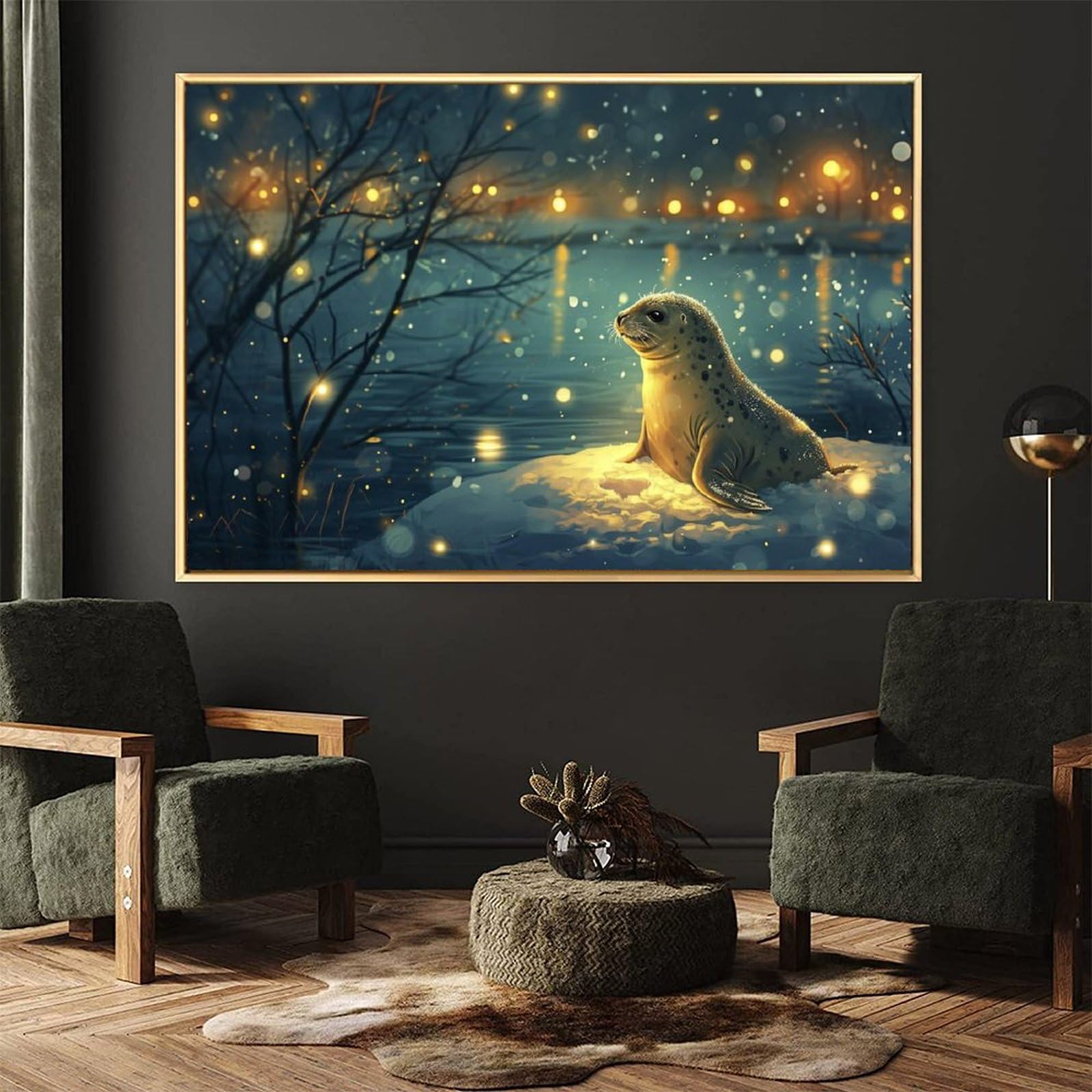 Amazon.co.jp: 絵画 雪の上に座るアザラシインテリア 絵画 動物