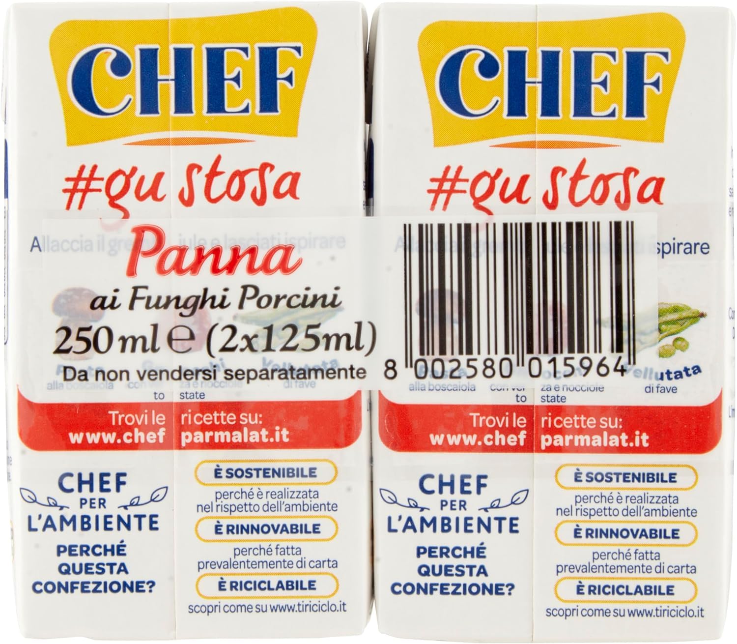 Parmalat Chef Panna ai Funghi Lot de 8 crèmes Porcini aux cèpes Idéal pour assaisonner les premiers plats de toutes sortes, Lot de 2 x 125 ml + porte-clés Beni Culinari