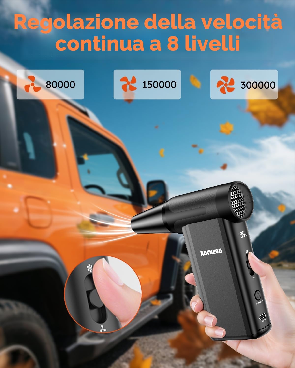 Soffiatore d'Aria Elettrico per Pulizia PC, Spray Aria Compressa 300000 RPM, 8 Velocità, Ricaricabile 7600mAh, Pulizia Tastiera, Elettronica, Interni Auto, Divano