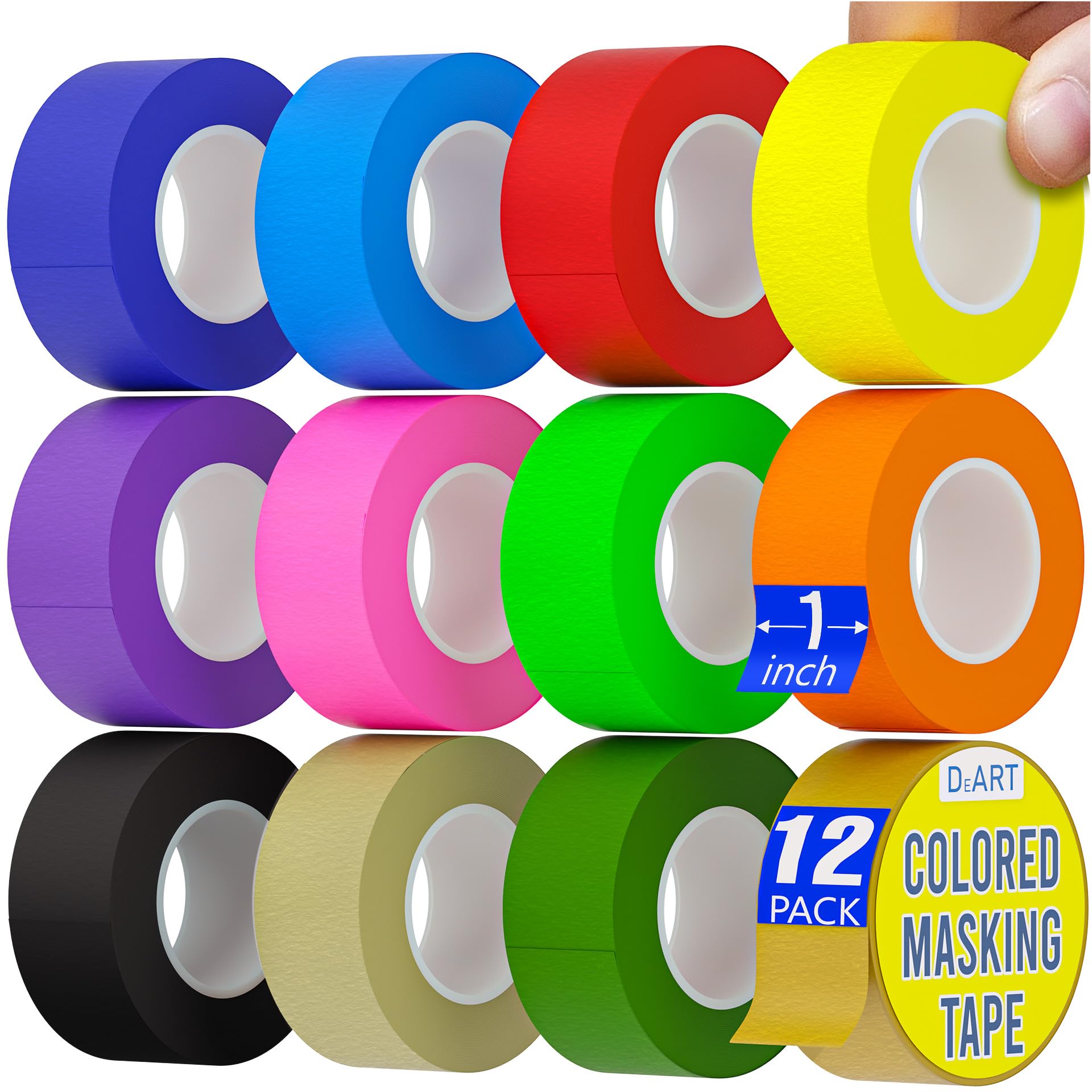 DEART Colored Masking Tape 12 Pack 1 inch Color Painters Tape for Arts & Crafts Labeling, Coding, Art Supplies, Whiteboard Tape, Craft Supplies DIY