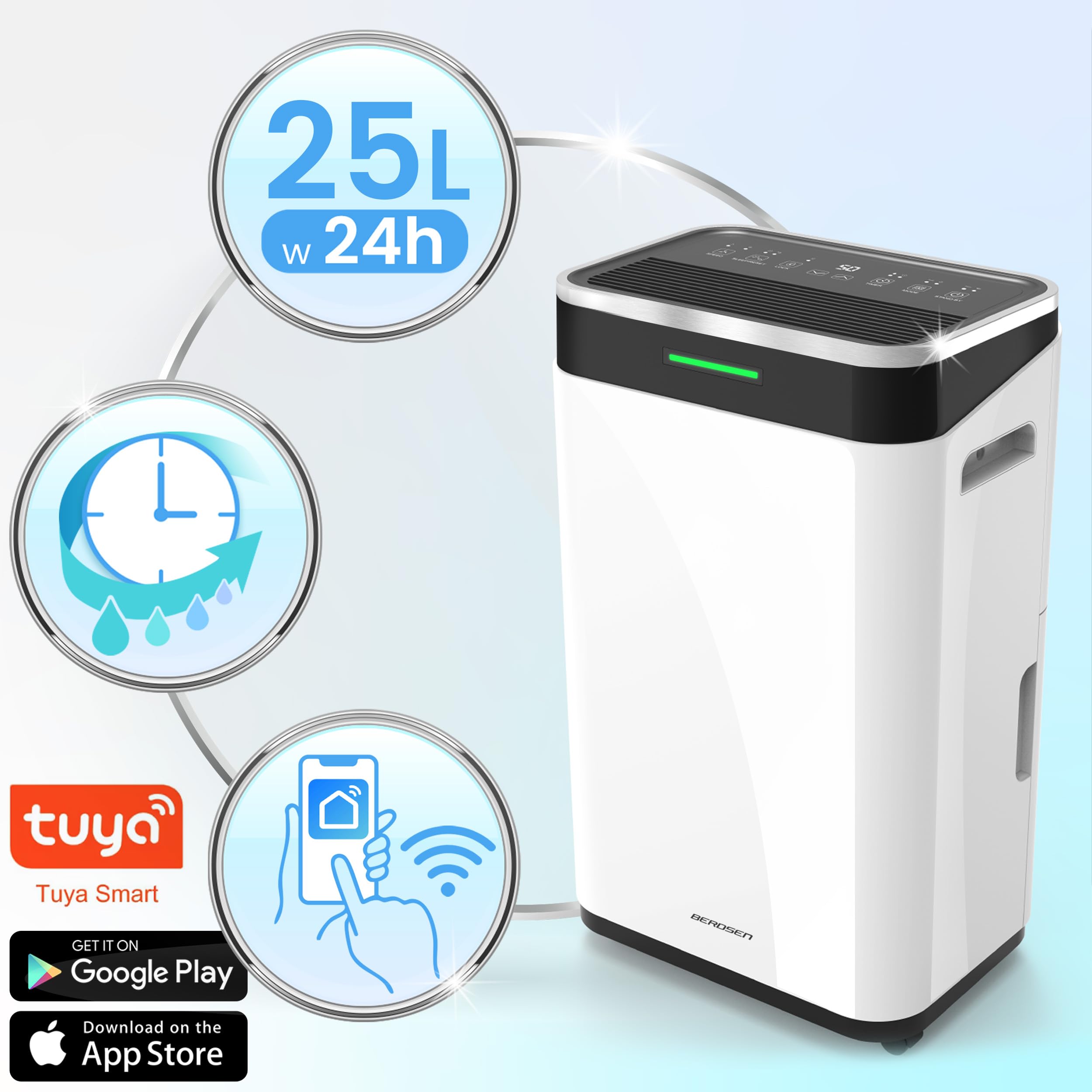 Berdsen Deumidificatore elettrico – 25 L/24 h – Wi-Fi LED App Controllo – Silenzioso risparmio energetico – Bianco