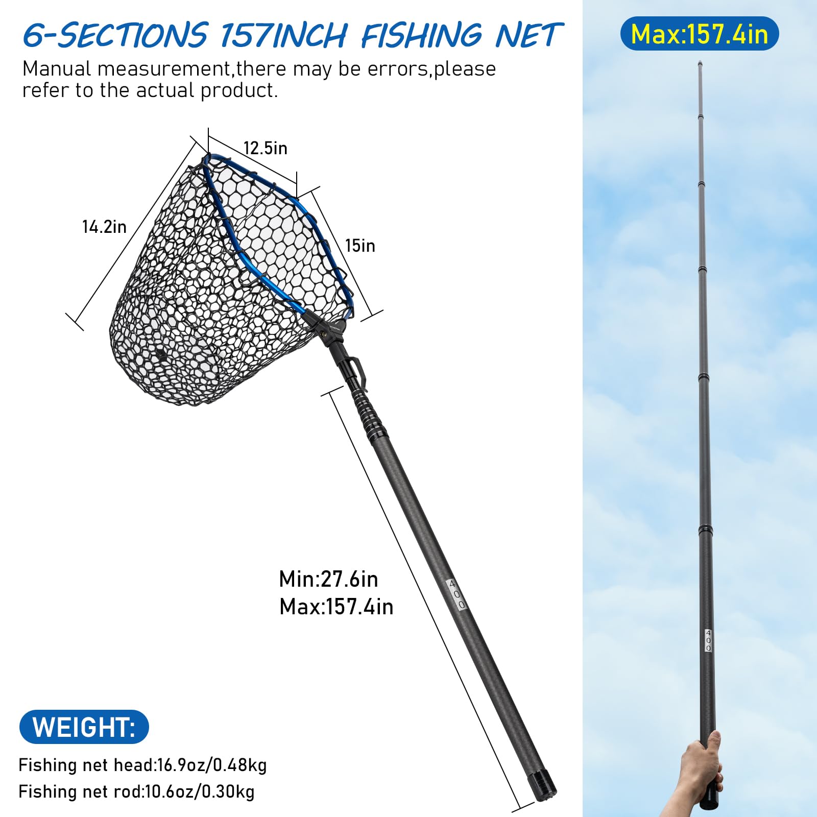 THKFISH Red de pesca de fibra de carbono, mango de 27 a 157.5 pulgadas de largo, red de pesca plegable portátil para salmón, cabeza de acero, mosca, bagre, lubina, pesca de trucha, red de trucha
