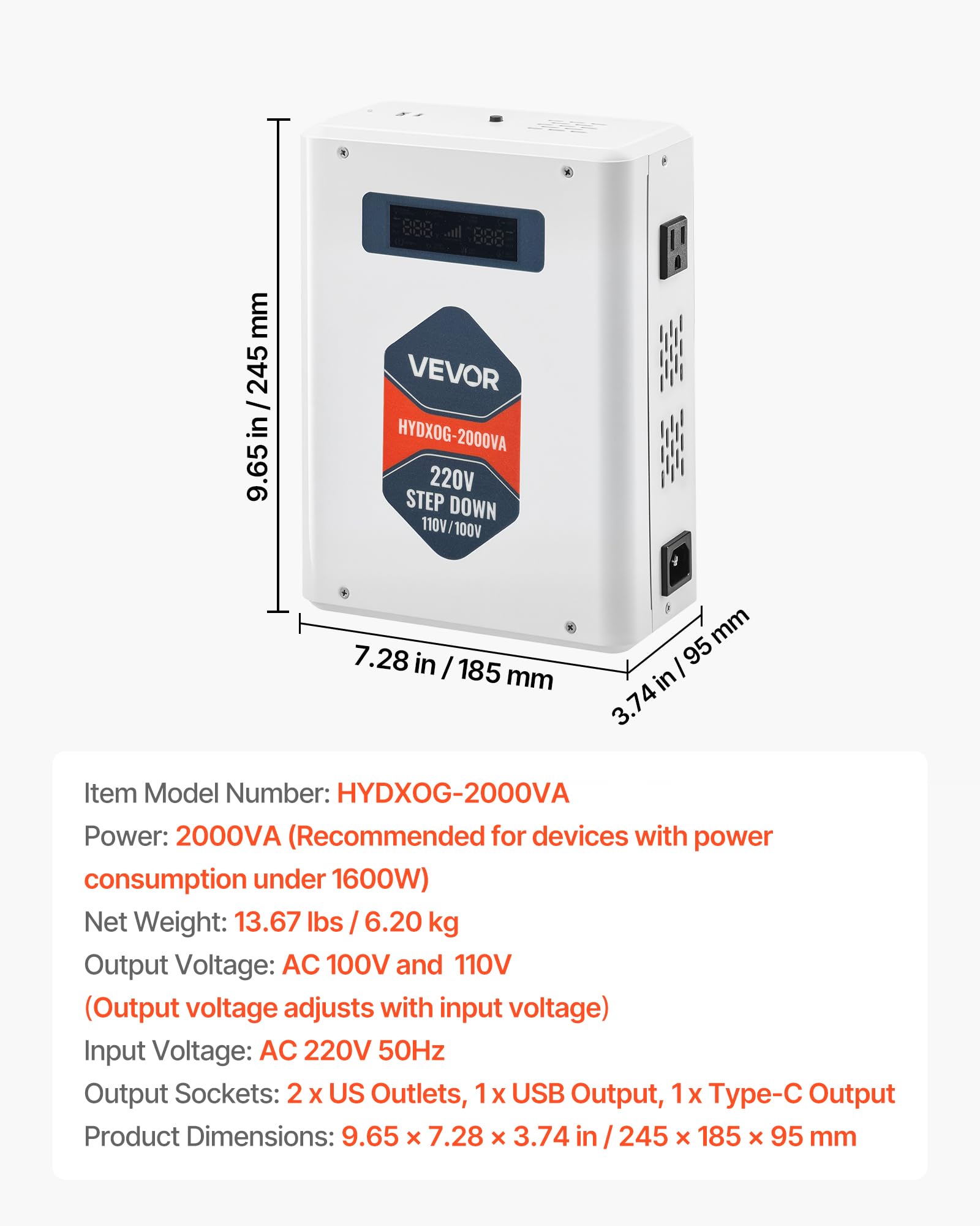 VEVOR Convertitore di Tensione Step-Down da 2000 VA, Trasformatore di Potenza per Impieghi Gravosi da 220 V a 110 V con 2 Prese USA, Uscita USB, Display LCD, per Elettrodomestici da 110 V
