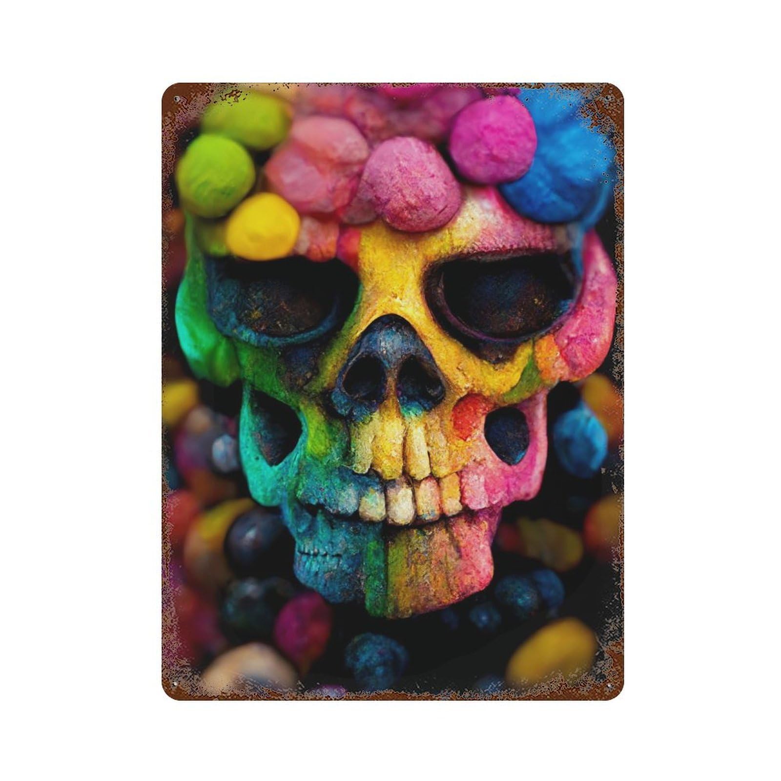 Multicolor Cotton Skull Vintage Wall Sign 15.7"x11.8", Rust Effect Metal Decor for Farmhouse, Kitchen And Entryway Decor