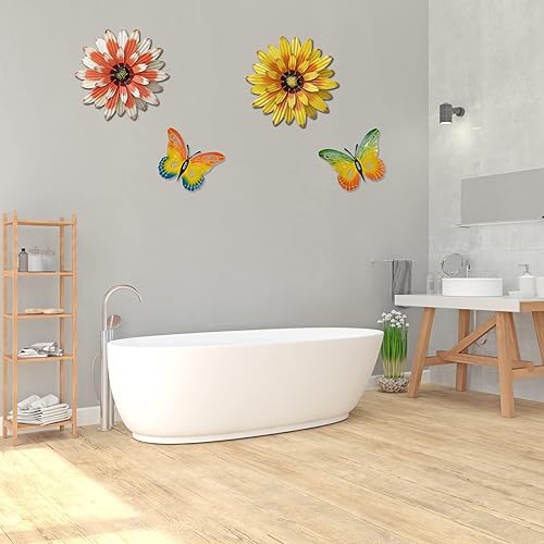 Vista 9 de Meduofon Decoración de pared de flores de metal para exteriores, paquete de 4 flores de metal y mariposa, decoración de pared para exteriores