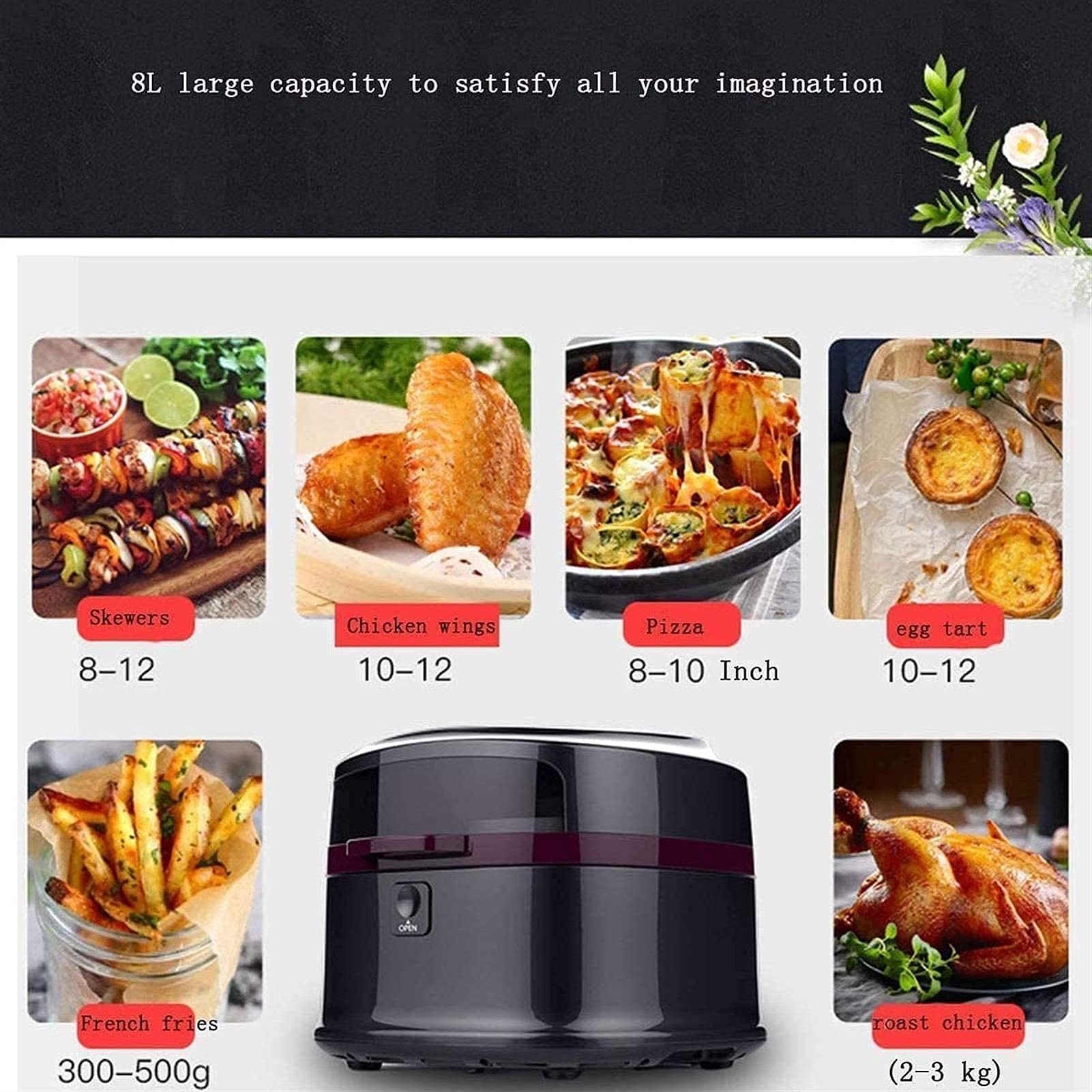 Friggitrice ad aria per uso domestico Controllo da 8 litri Friggitrice ad aria senza olio Temporizzazione Friggitrici elettriche Rotazione intelligente Flip Tetto apribile visivo Riscaldamento 3D 1200