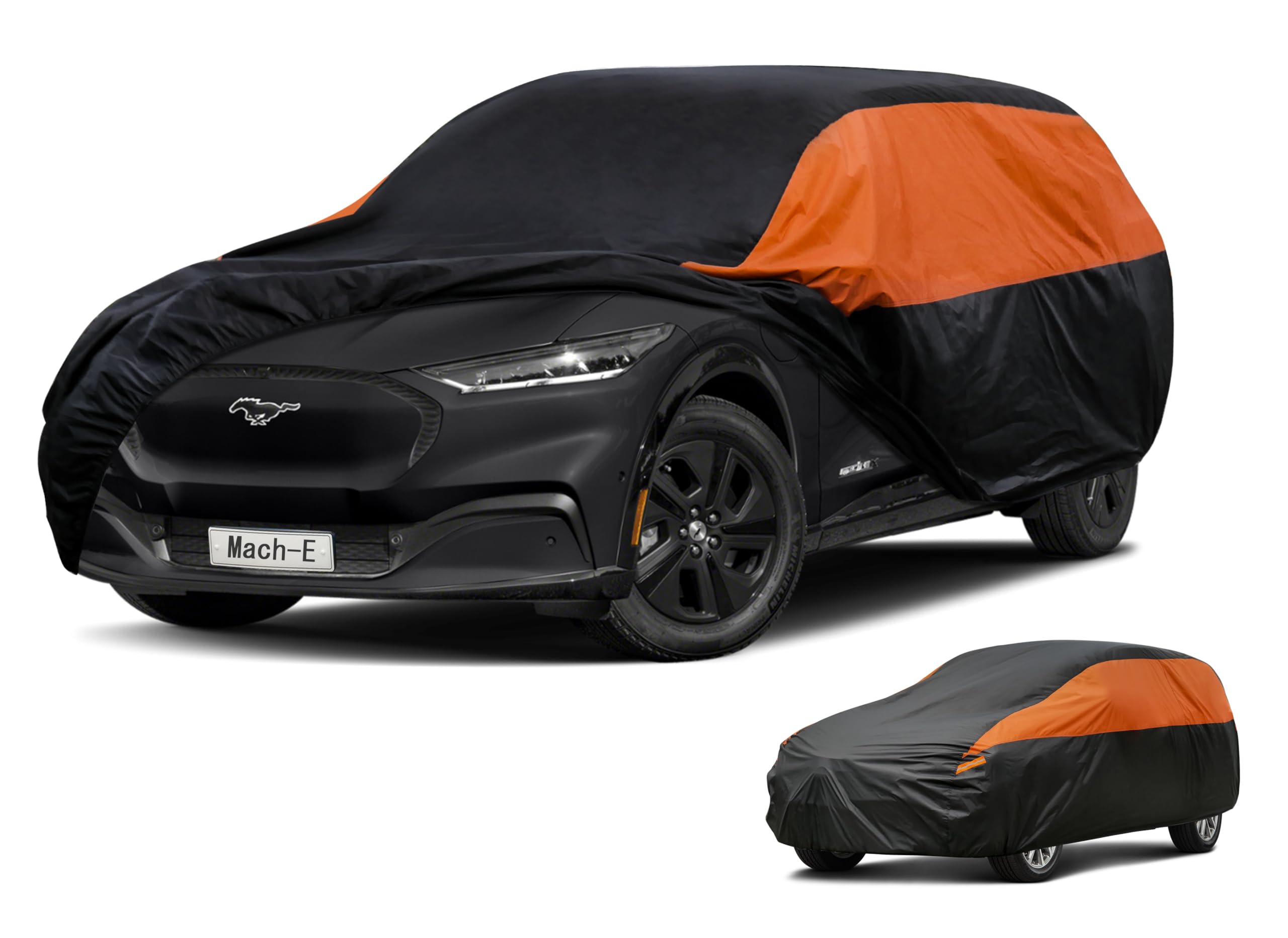 GUNHYI Waterproof SUV Full Car Cover Custom Fit Ford Mustang Mach-E | All‑weather Outdoor sun/rain/dust/snow/wind/UV protection, breathable lightweight fabric, black‑orange design,storage bag