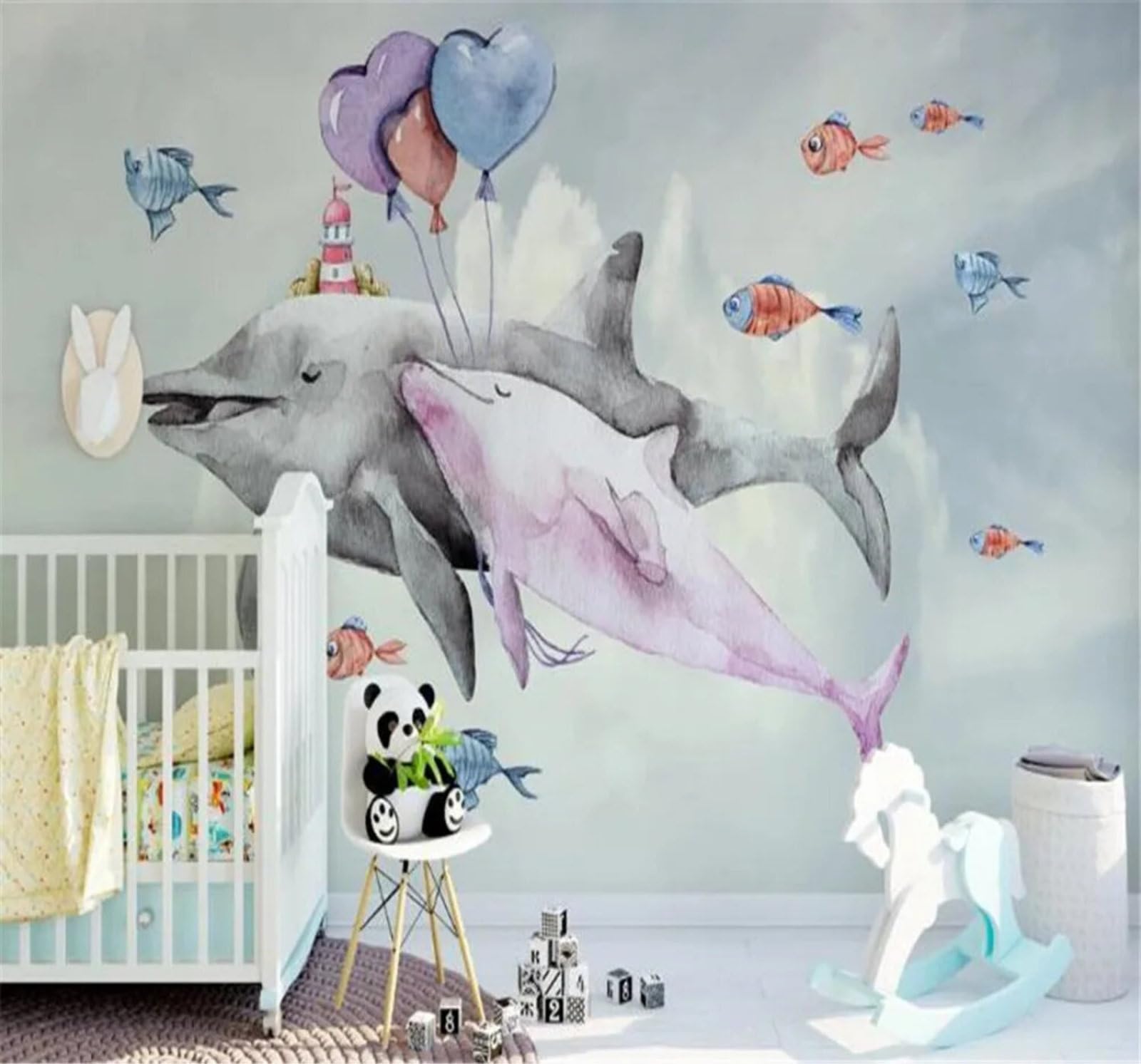 Tzxztt Cartoon Cute Balloons Dolphins Lighthouse Modern 3D Wallpaper Premium Textured Silk Neutral Tones Material Ideal for Living Room Bedroom-430cm×300cm