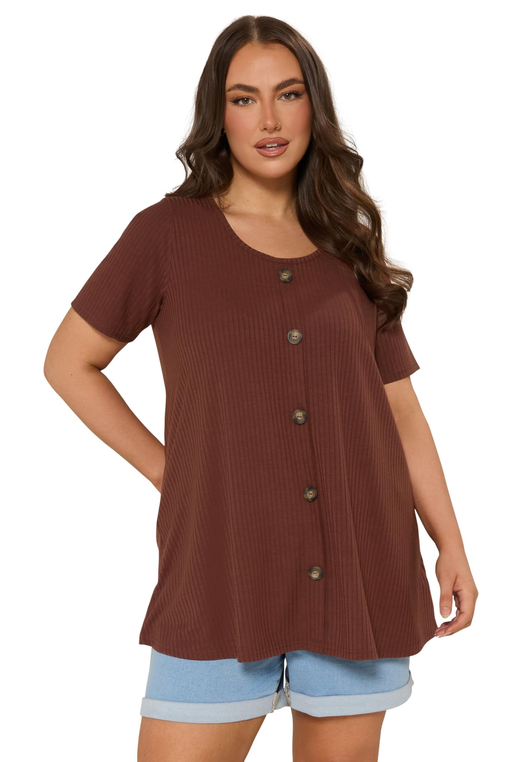 Yours Curve Rust Orange Button Front Ribbed Swing Top - Women's - Plus Size Curve