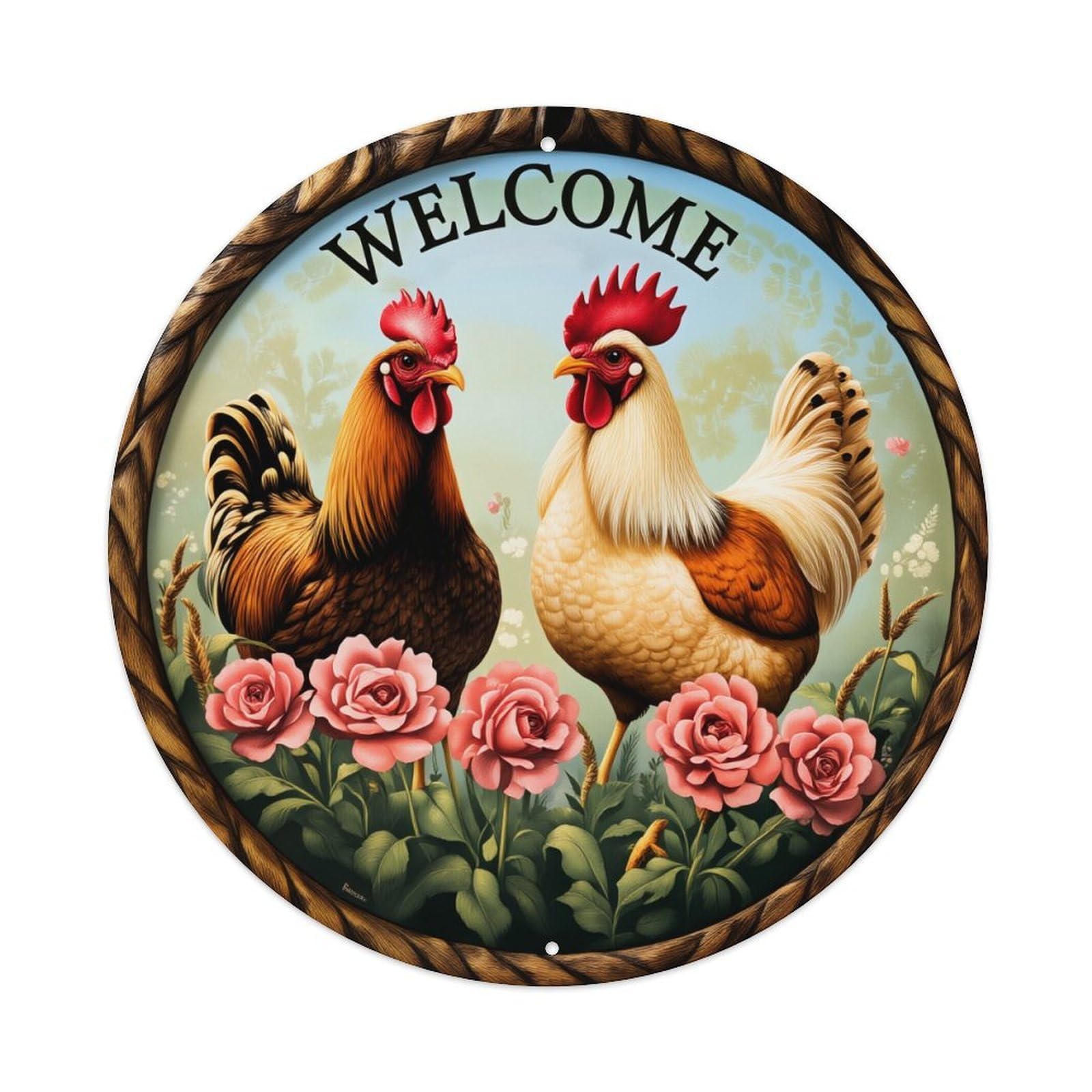 Welcome Roosters Roses Garden Round Tin Sign Retro Metal Sign for Cafe Bar Pub Home Game Room Gym Club Wall Decoration Vintage Metal Poster 8x8 Inch