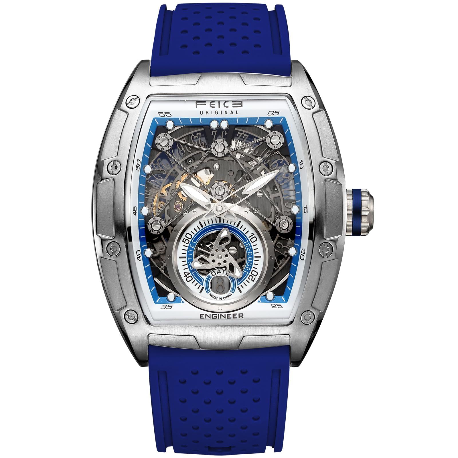FEICE FM503 Orologio da Uomo Orologio Automatico Scheletrato Data Blu | Meccanico, Data, Forma a Barilotto, Vetro Minerale Blu Galvanizzato, Cinturino in Silicone Liquido, Cassa in Acciaio Inox
