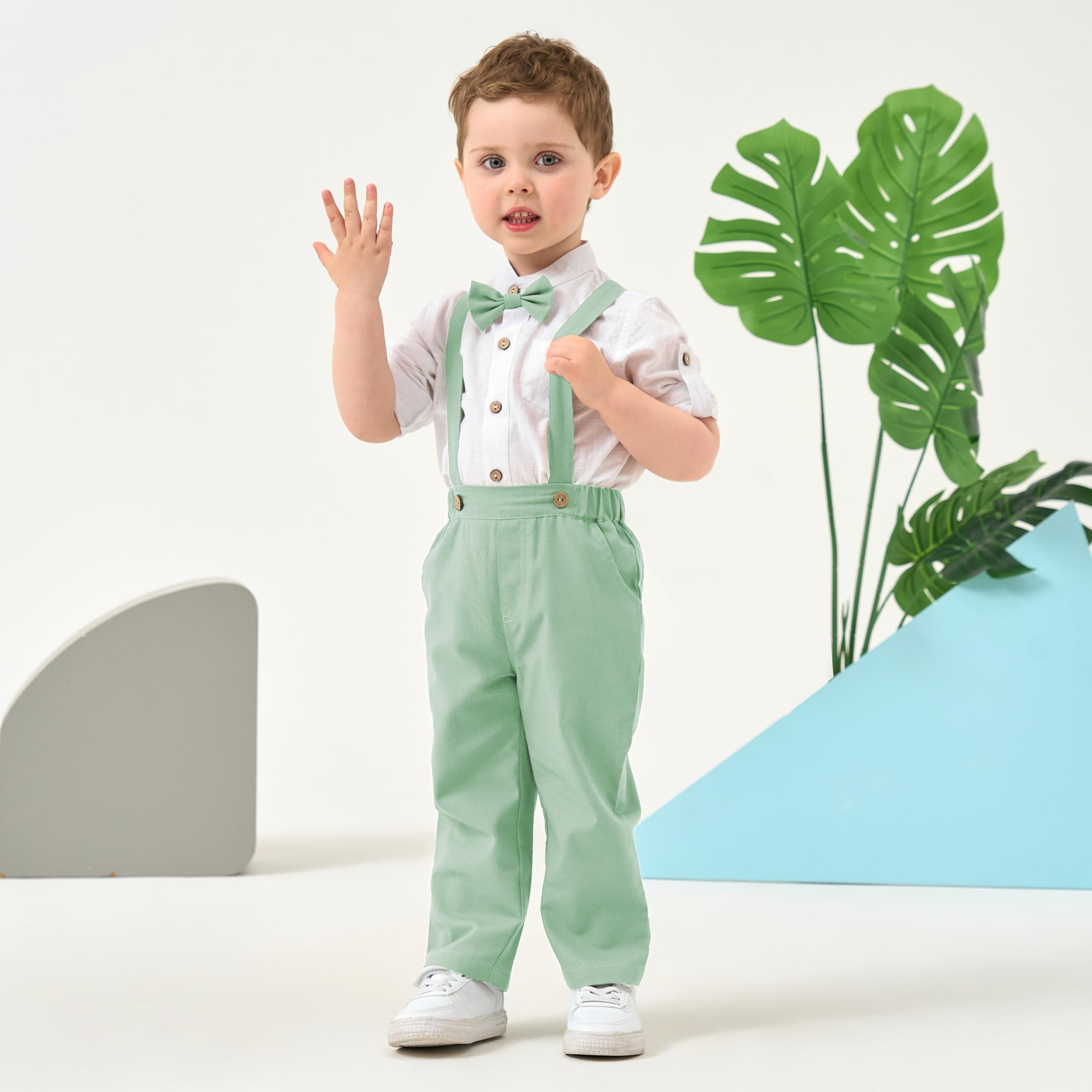 Volunboy Trajes para Bebé Niños de Boda Ceremonia Fiesta, Lino Camisa con Pajarita + Tirantes Pantalones 4 Piezas Conjunto Ropa
