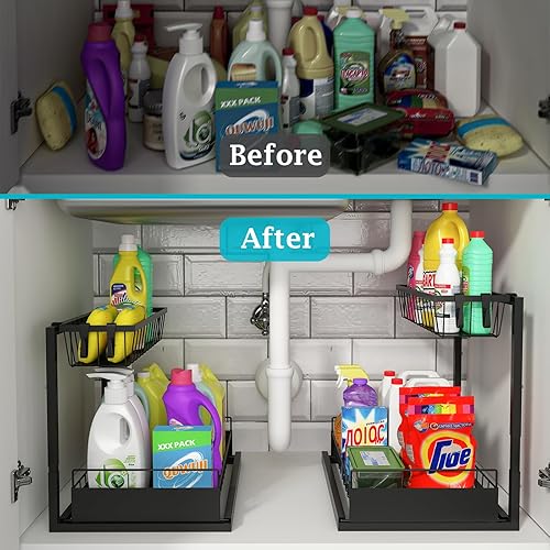 Miniatura 5 de REALINN Organizador para debajo del fregadero, paquete de 2 organizadores de cocina de altura ajustable y almacenamiento, almacenamiento de armario