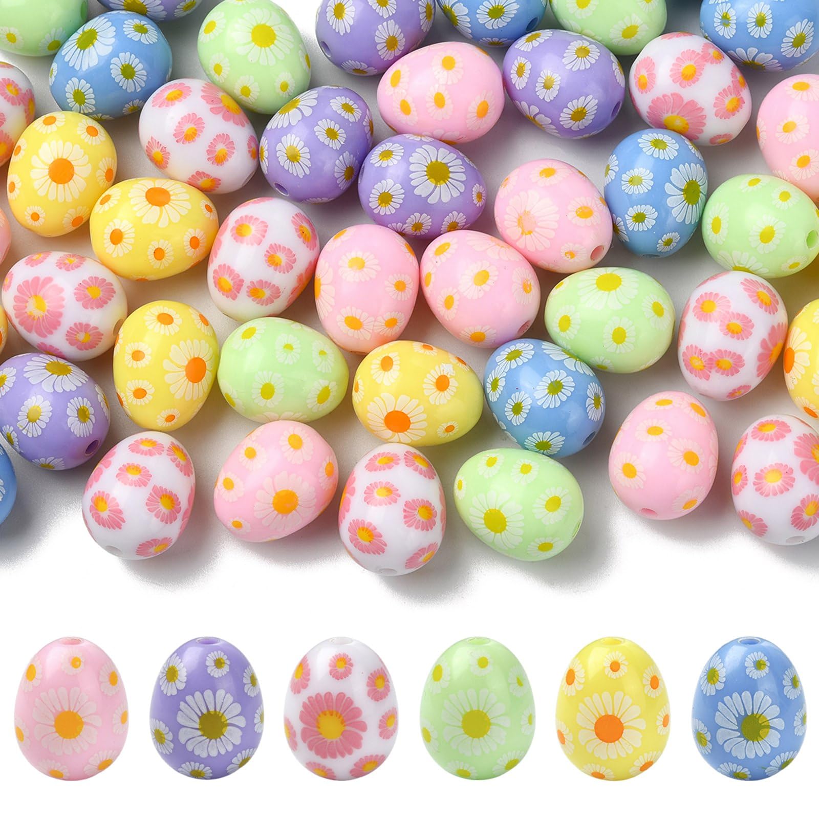 Stiesy Easter Beads 50pcs, Printed Opaque Acrylic Daisy Egg Spacer Beads for Jewelry Making, Colorful Spring Theme DIY Bracelets, Keychains, Easter Craft Supplies — image 1