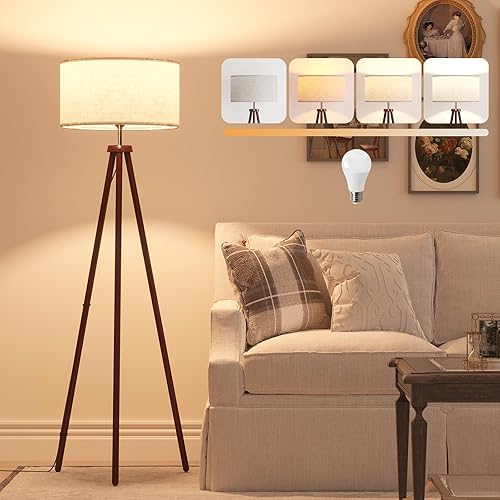 LiteHistory Lámparas de pie trípode de madera para dormitorio, sala de estar y oficina, lámpara de esquina con pantalla de lino beige, bombilla de