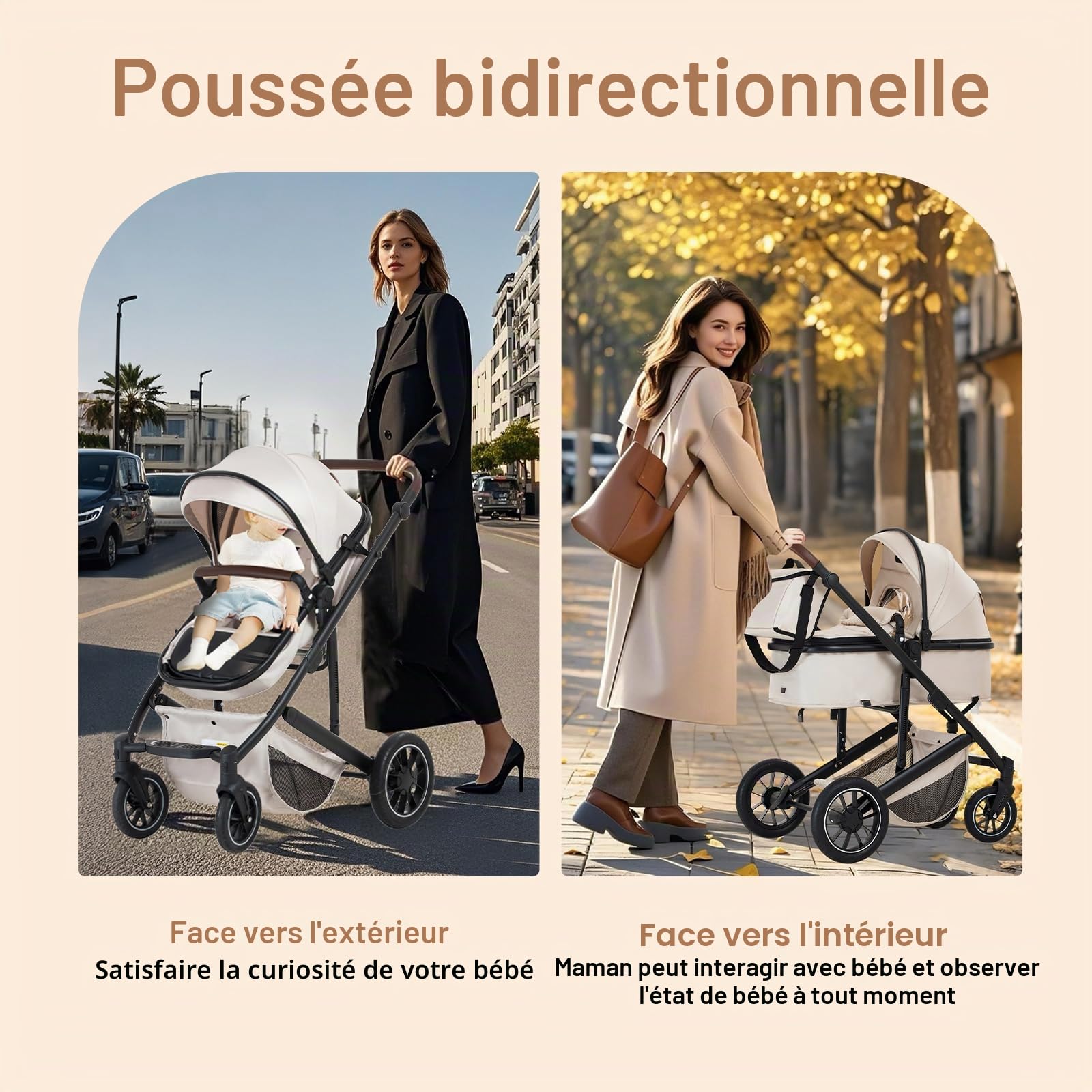 Zkiprm Poussette 3-en-1, Système de Voyage Avec Siège Auto, Landau et nacelle, Accoudoirs Réglables, Habillage pluie,Gant, Moustiquaire, Châssis en aluminium, Landau à profil haut pour 0-4 ans, Gris