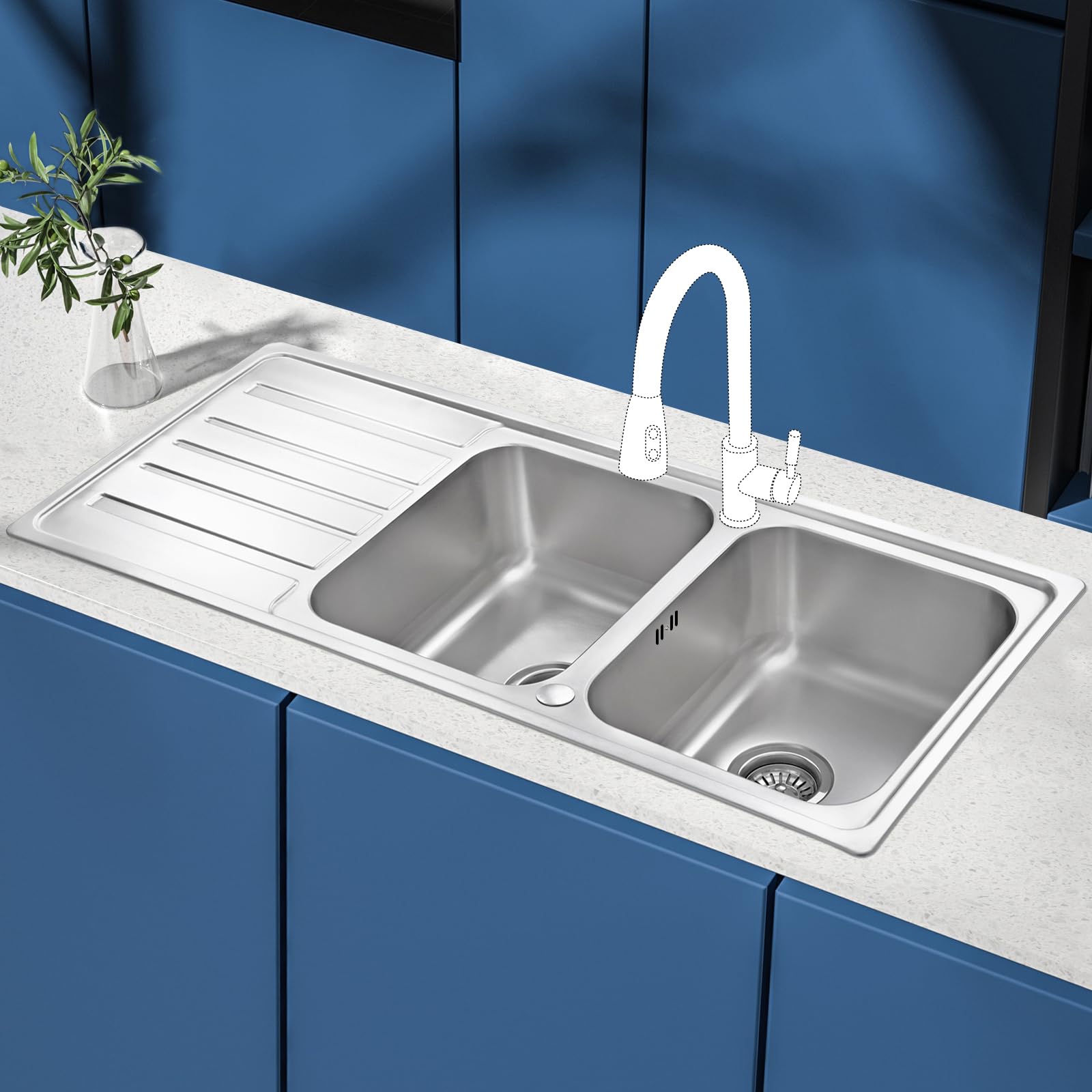 JASSFERRY Évier de cuisine 2 Bacs 1160 x 500mm, Acier Inoxydable, Égouttoir réversible, avec trop-plein