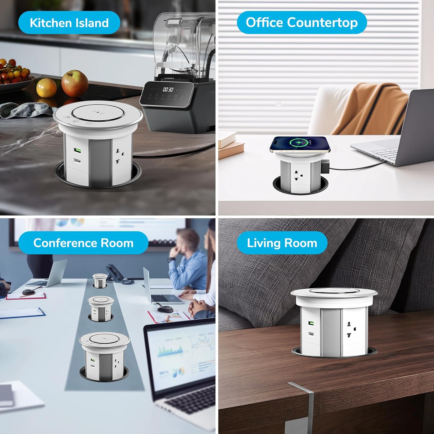 Pop Up Outlet for Countertop with 15W Wireless Charger & Mobile App Control-3 AC Outlets + USB-A & 20W USB-C Ports, 5.35" Recessed Pop Up Electrical Outlet Space Saver for Home Kitchen Office-White​